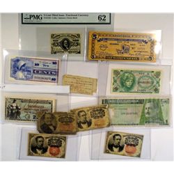 4-WORLD NOTES; 1-WOODEN FIVE CENT NOTE, 1883 INTEREST RECEIPT, 5 CENT FRACTIONAL