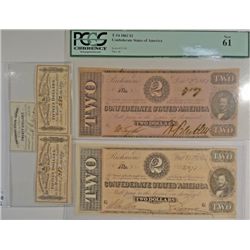 CONFEDERATE NOTES: 2-$15.00, 1-$20.00 BEARER NOTES: 1864 $2.00 XF, 1864 $2.00