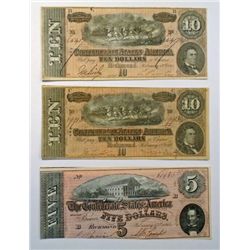 CONFEDERATE NOTES: 1864 $5.00 UNC; 2-1864 $10.00 F-VF,