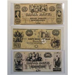3-$20.00 OBSOLETE BANK NOTES 2-CANAL BANK UNC, 1-TEXAS