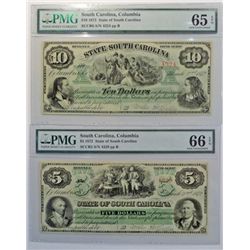 2- SOUTH CAROLINA NOTES: $5.00 1872 PMG 66 EPQ AND 1872 $10.00 PMG 65 EPQ
