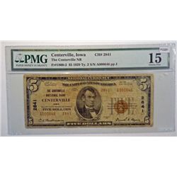 1929 $5.00 CENTERVILLE, IOWA PMG 15