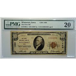 1929 $10 WINTERSET, IOWA PMG 20 RARE
