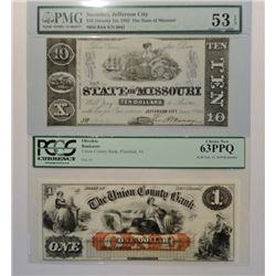 NOTES: 1862 $10.00 MISSOURI PMG 53; PLAINFIELD, NEW JERSEY 63 PPQ