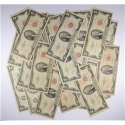 LOT OF 38 $2.00 BILLS (25) RED SEALS VARIOUS DATES (13) GREEN SEALS VARIOUS
