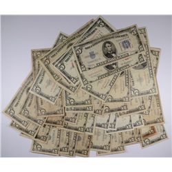 LOT OF 38 OLD $5.00 BILLS (11) RED SEAL VARIOUS DATES (27) BLUE SEALS