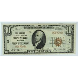 1929 $10.00 F.W.NB MILWAUKEE, WISCONSIN VF-XF CH 64
