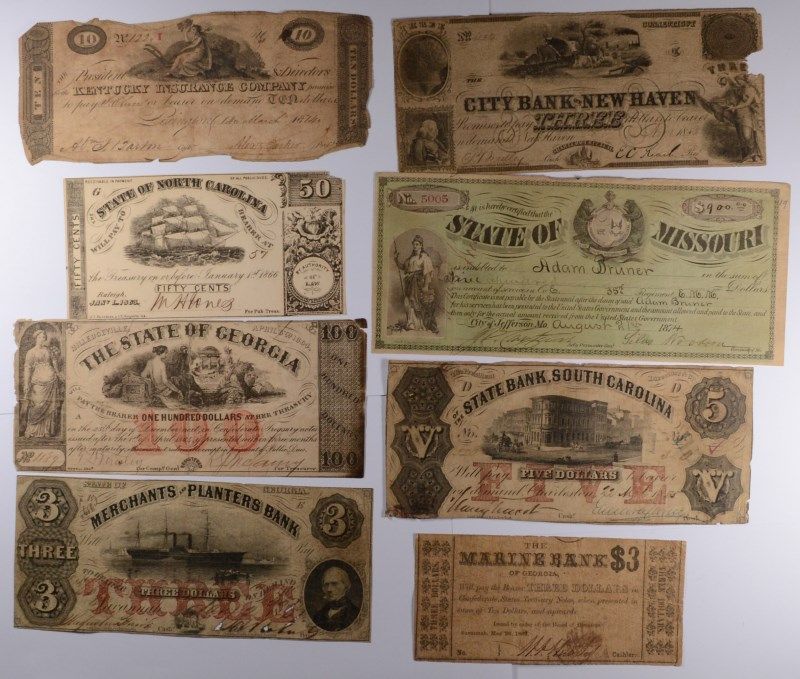 8- PCS DIFFERENT OBSOLETE BANK NOTES CIRC 1840-70 ERA