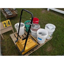 [6] pails of hardware & plate compactor -missing motor