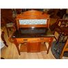 Image 1 : VINTAGE MARBLE TOP ENGLISH WASH STAND WITH  ART NOUVEA TILE BACK SPLASH - SATIN WOOD CONTRUCTION - C