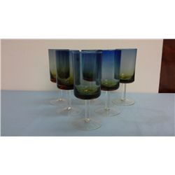 Set of 6 Blue/Amber/Clear Glass Water Glasses