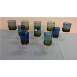 4 Blue/Amber/Clear Glass Wine Glasses and 5 Sherry Glasses