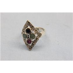 Sterling Silver Ring With Genuine Rough Cut Emeralds, Ruby and Sapphire Surrounded by Marcasite (siz