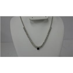 Designer Rhodium Plated 16" Necklace With Clear and Blue Crystals