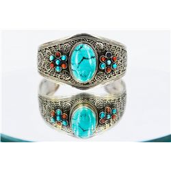 Sterling Silver .925 Turquoise w/ Red Coral Cuff Bangle