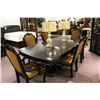 Image 1 : DARK WOOD FORMAL DINING ROOM TABLE WITH CARVED EDGES C/W 6 CHAIRS & 2 LEAVES