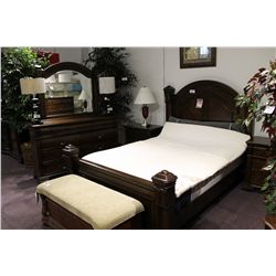 DARK WOOD FORMAL 7 PIECE BEDROOM SUITE WITH QUEEN SIZE HEADBOARD, FOOTBOARD, 2 NIGHT STANDS,