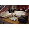 Image 1 : 3 PIECE MULTI TONE LEATHER SOFA SET - WHITE SOFA, WHITE LOVESEAT& CHOCOLATE BROWN CHAIR