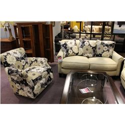 3 PIECE SOFA SET INCLUDES TAN SOFA & LOVESEAT, FLORAL PRINT CHAIR & FLORAL PRINT THROW PILLOWS