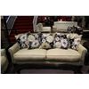 Image 2 : 3 PIECE SOFA SET INCLUDES TAN SOFA & LOVESEAT, FLORAL PRINT CHAIR & FLORAL PRINT THROW PILLOWS