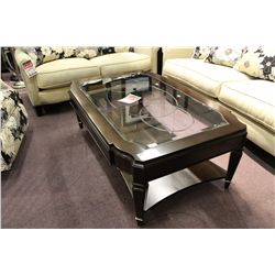 GLASS TOP DARK WOOD COFFEE TABLE