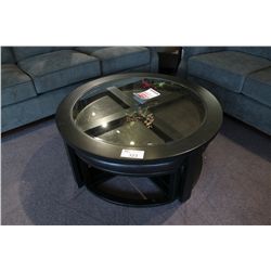 GLASS TOP COFFEE TABLE WITH 4 NESTING OTTOMANS