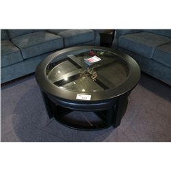 GLASS TOP COFFEE TABLE WITH 4 NESTING OTTOMANS