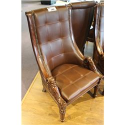 CARVED ARM DARK WOOD & LEATHER CLUB CHAIR