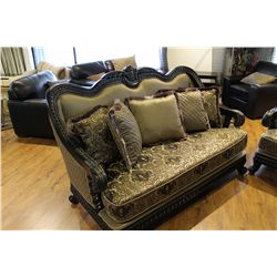 FORMAL LIVING ROOM HEAVILY CARVED 3 PIECE SOFA SET INCLUDES SOFA, LOVESEAT, CHAIR & THROW CUSHIONS