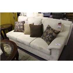 TAN MICROFIBRE 2 PIECE SOFA SET WITH THROW CUSHIONS