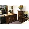 Image 2 : 7 PIECE DARK WOOD BEDROOM SET WITH QUEEN SIZE BED, 2 NIGHT STANDS, UPRIGHT DRESSER & HORIZONTAL