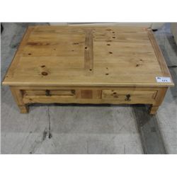 SOLID PINE COFFEE TABLE WITH WROUGHT IRON ACCENTS