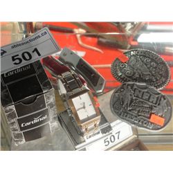 CARDINAL MENS WRIST WATCH, 2 POCKET KNIVES AND 2 COLLECTORS BELT BUCKLES