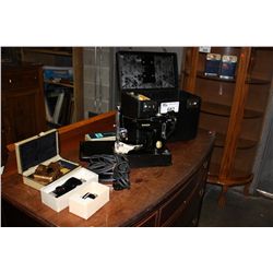 1950S SINGER MODEL 221 PORTABLE FEATHER WEIGHT SEWING MACHINE COMPLETE WITH CASE AND ACCESSORIES