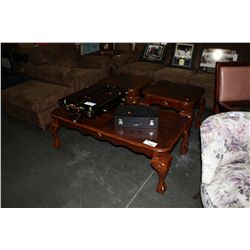 3PC MAHOGANY FINISH BALL AND CLAW FOOT COFFEE TABLE SET; COFFEE TABLE AND 2 END TABLES