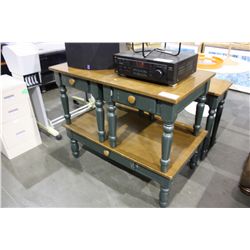 GREEN AND NATURAL 4PC COFFEE TABLE SET; SOFA TABLE, COFFEE TABLE AND 2 END TABLES