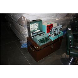 VINTAGE WHITE PORTABLE SEWING MACHINE AND VINTAGE UNDERWOOD PORTABLE TYPE WRITER AND BROWN METAL
