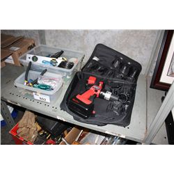 LOT OF ASSORTED TOOLS; 2 BOXES OF HAND TOOLS AND 1 CORDLESS DRILL