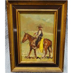 Sheryl Bodily, cowboy & slicker on horse, oil on canvas, 6" x 8", framed