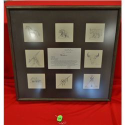 Ace Powell letter & 8 original 4" x 4" drawings, framed