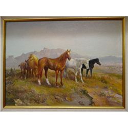 William Standing, Grazing Horses, oil, 12" x 16", framed