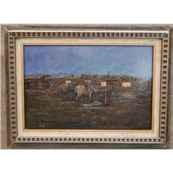 C. R. Cheek Log Cabin original oil on board, 16" x 24", framed