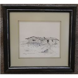 C. R. Cheek pen and ink original, 8" x 9", log cabin