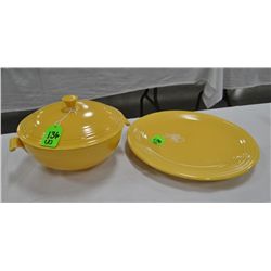 Fiestaware round platter, 12" & covered bowl, yellow