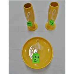 Fiestaware, 2 candlestick holders & candy dish, yellow