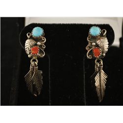 Sterling Silver Turquoise & Coral Earrings by