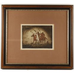 Colored Etching by Mary Lehman Depicting Indians