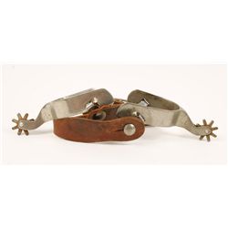 Unmarked Nickel Plates Spurs with Old Leather