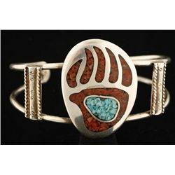 Silver Bear Paw Print Chip Inlay Cuff.