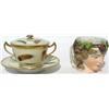 Image 1 : Late C18th Derby porcelain Bacchante mask mug, puce painted crown over 'D`...